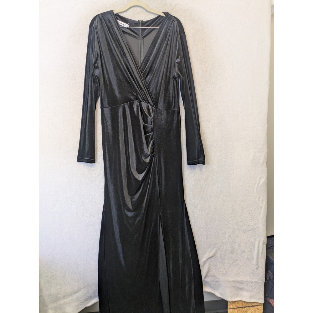Ababalaya Maxi Dress Women's XL Black Velvet V-Neck Long Sleeve Side Slit Ruched